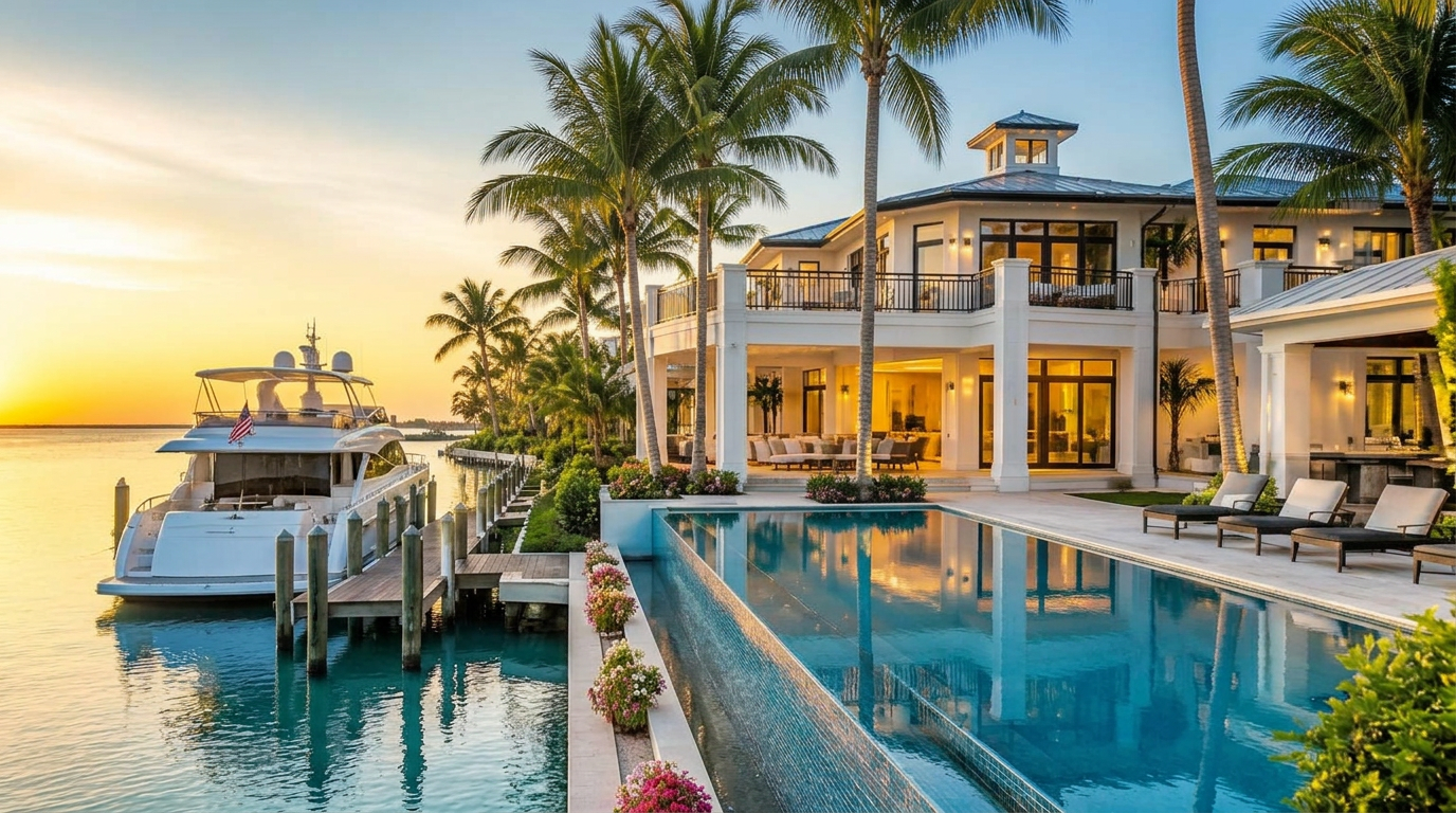 Modern waterfront estate at sunset
